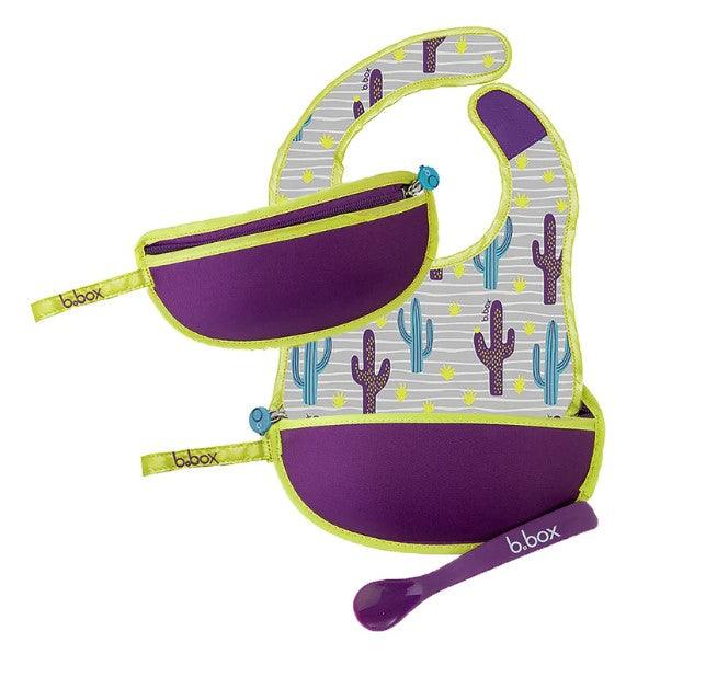 B.box Travel Bib + Silicone Spoon - Cactus Capers (Purple)