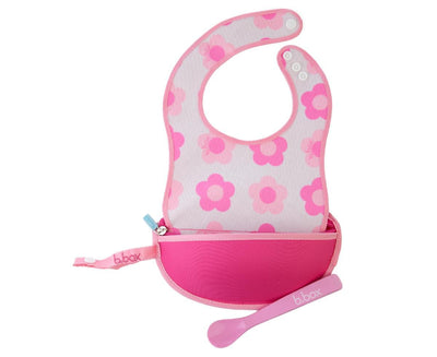 B.box Travel Bib + Silicone Spoon - Flower Power