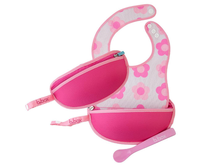 B.box Travel Bib + Silicone Spoon - Flower Power