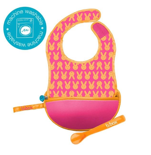 B.box Travel Bib + Silicone Spoon- Hip Hop (Pink Bunny)